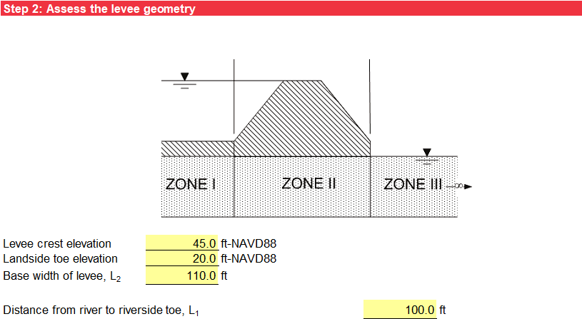 Step 2 of BT Case 3 worksheet: Levee geometry.
